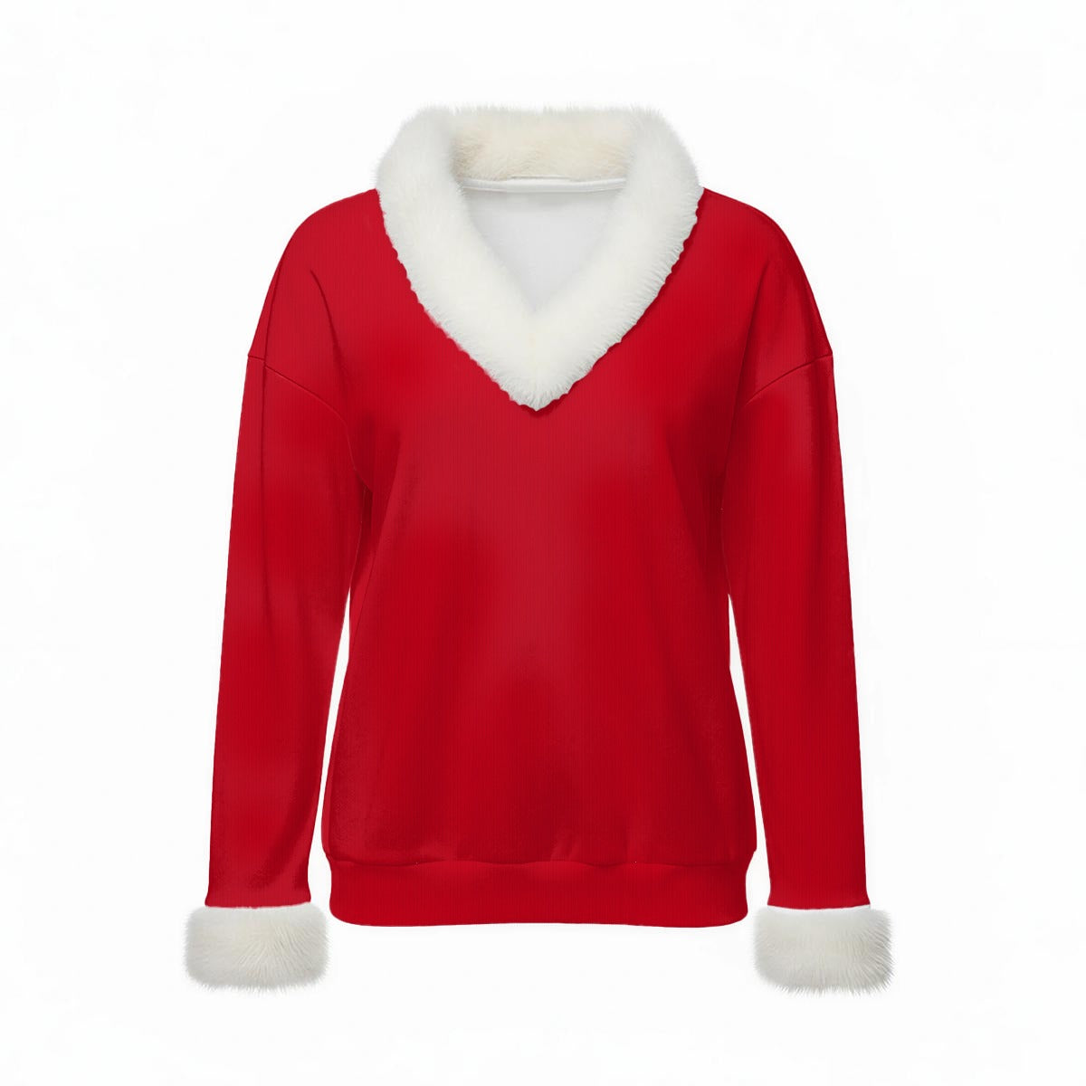 All-Over Print Women's Faux Knit V-Neck Sweater Top with Fur Trim