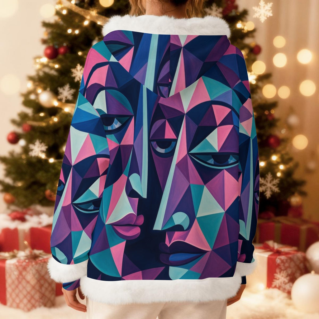 Felpa con cappuccio in pile da donna all-over con bordo decorativo