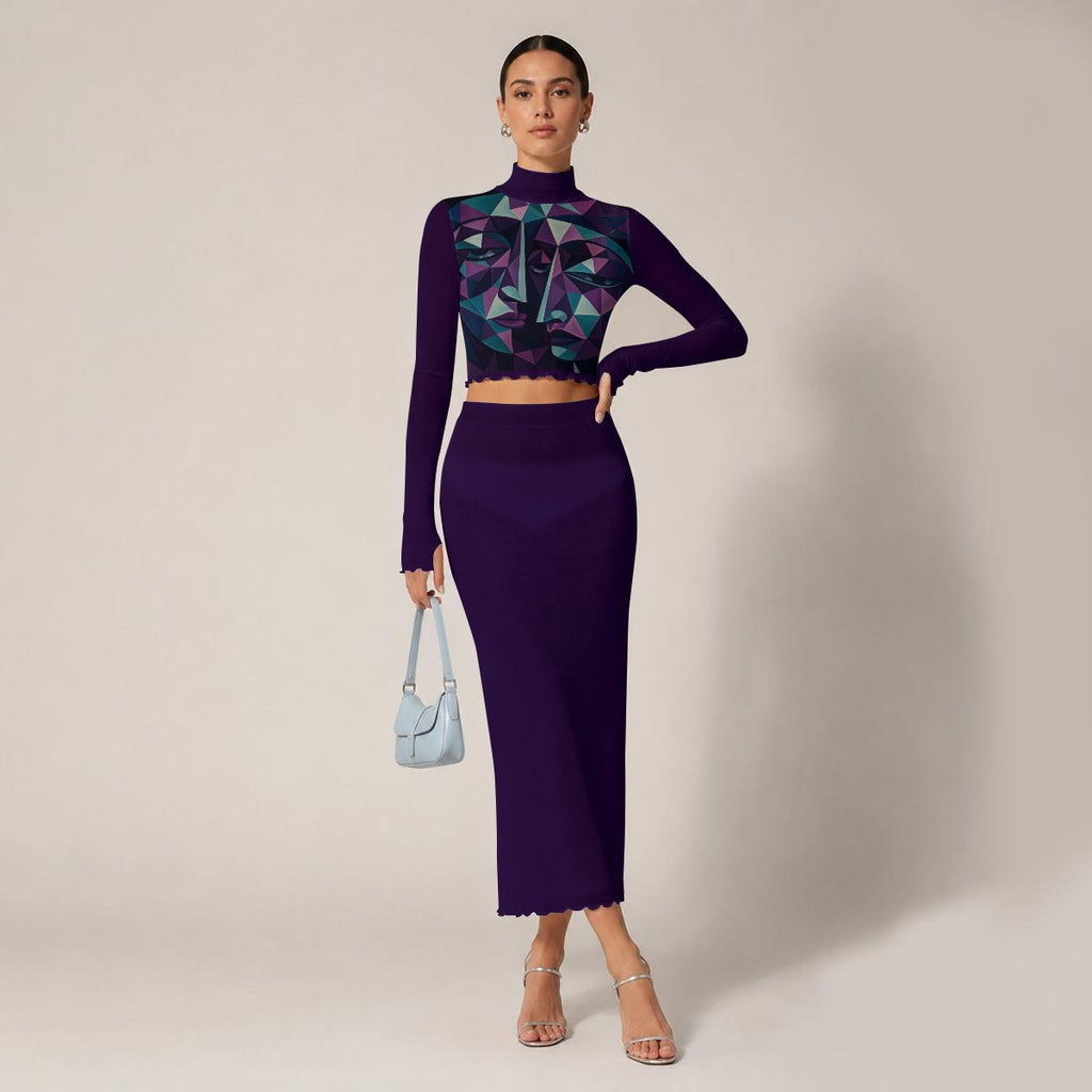 All-Over Print Women's High Neck Skirt Set With Thumb Hole