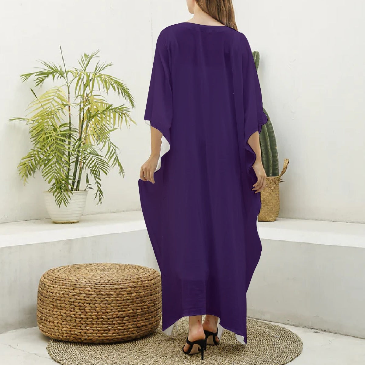 Vestaglia caftano da donna in seta sintetica con scollo a V e stampa all-over