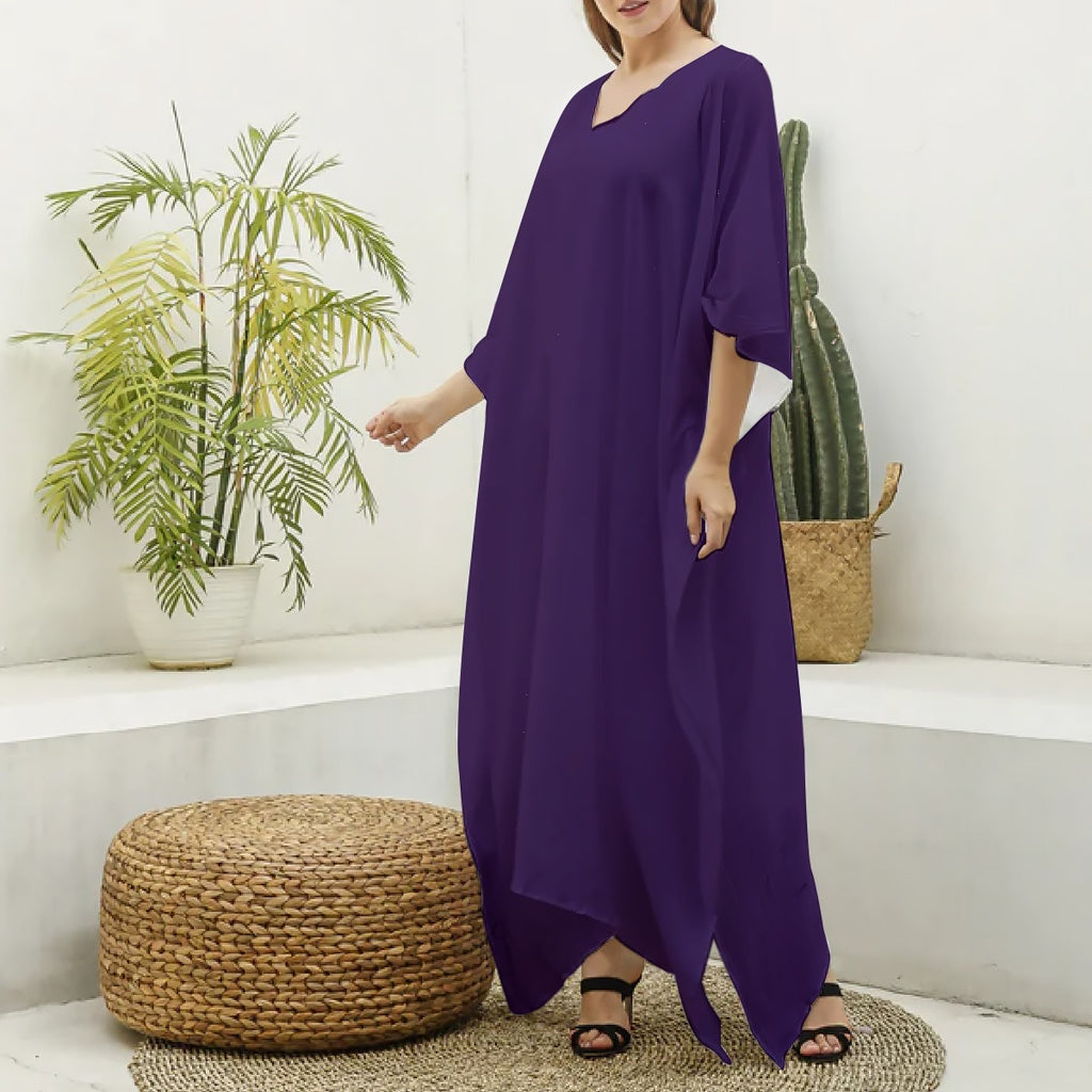 Vestaglia caftano da donna in seta sintetica con scollo a V e stampa all-over