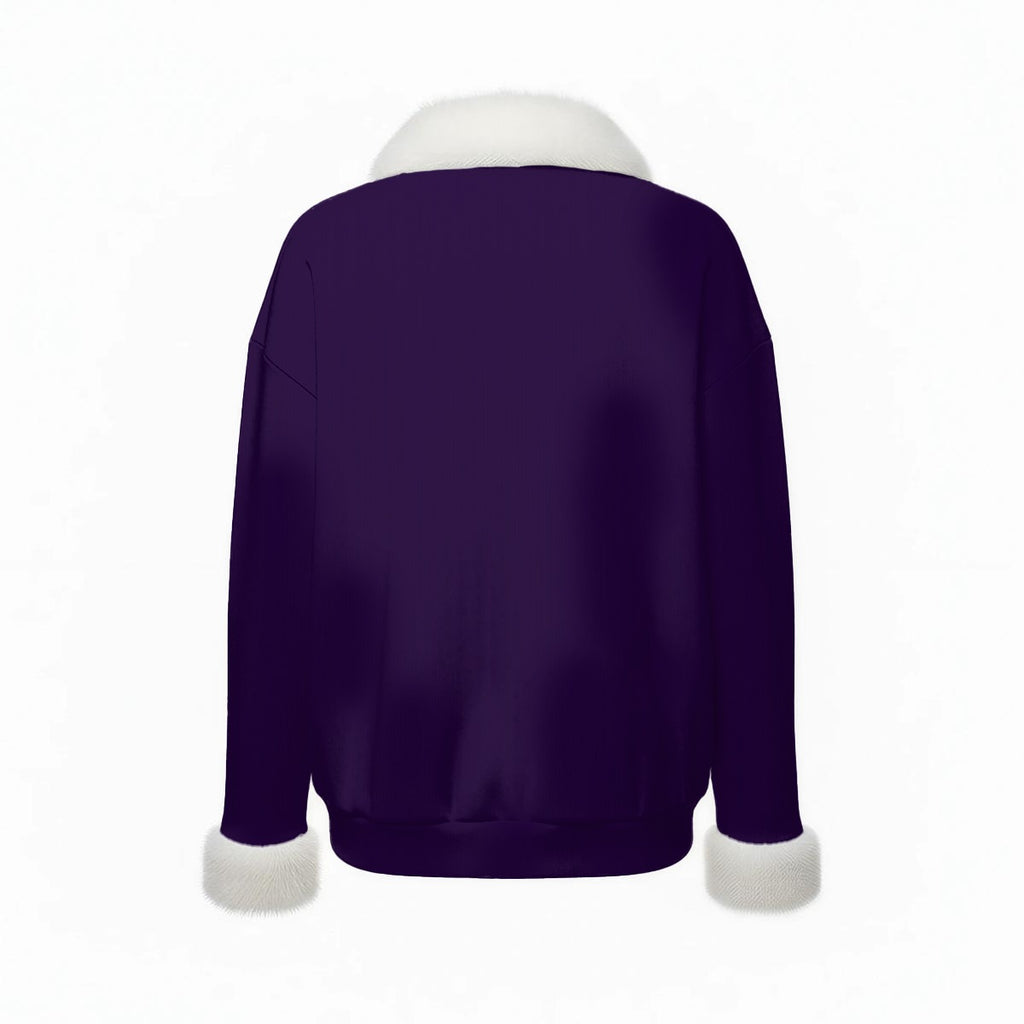 All-Over Print Women's Faux Knit V-Neck Sweater Top with Fur Trim