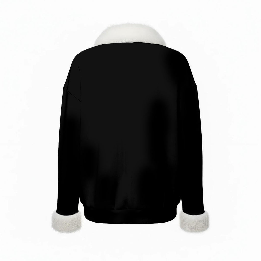 All-Over Print Women's Faux Knit V-Neck Sweater Top with Fur Trim