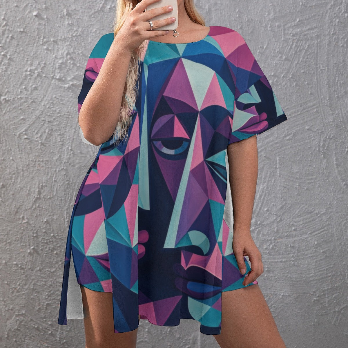 All-Over Print Women's Drop-Shoulder T-Shirt with Side Split and Shorts (Plus Size)