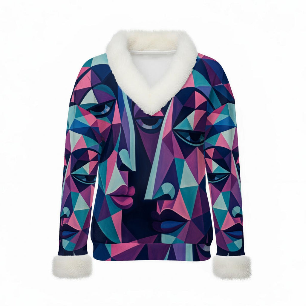 All-Over Print Women's Faux Knit V-Neck Sweater Top with Fur Trim