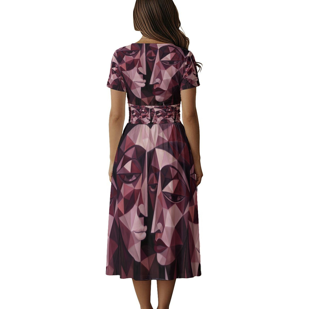 All-over Print Women's Short Sleeve V Neck Midi Dress