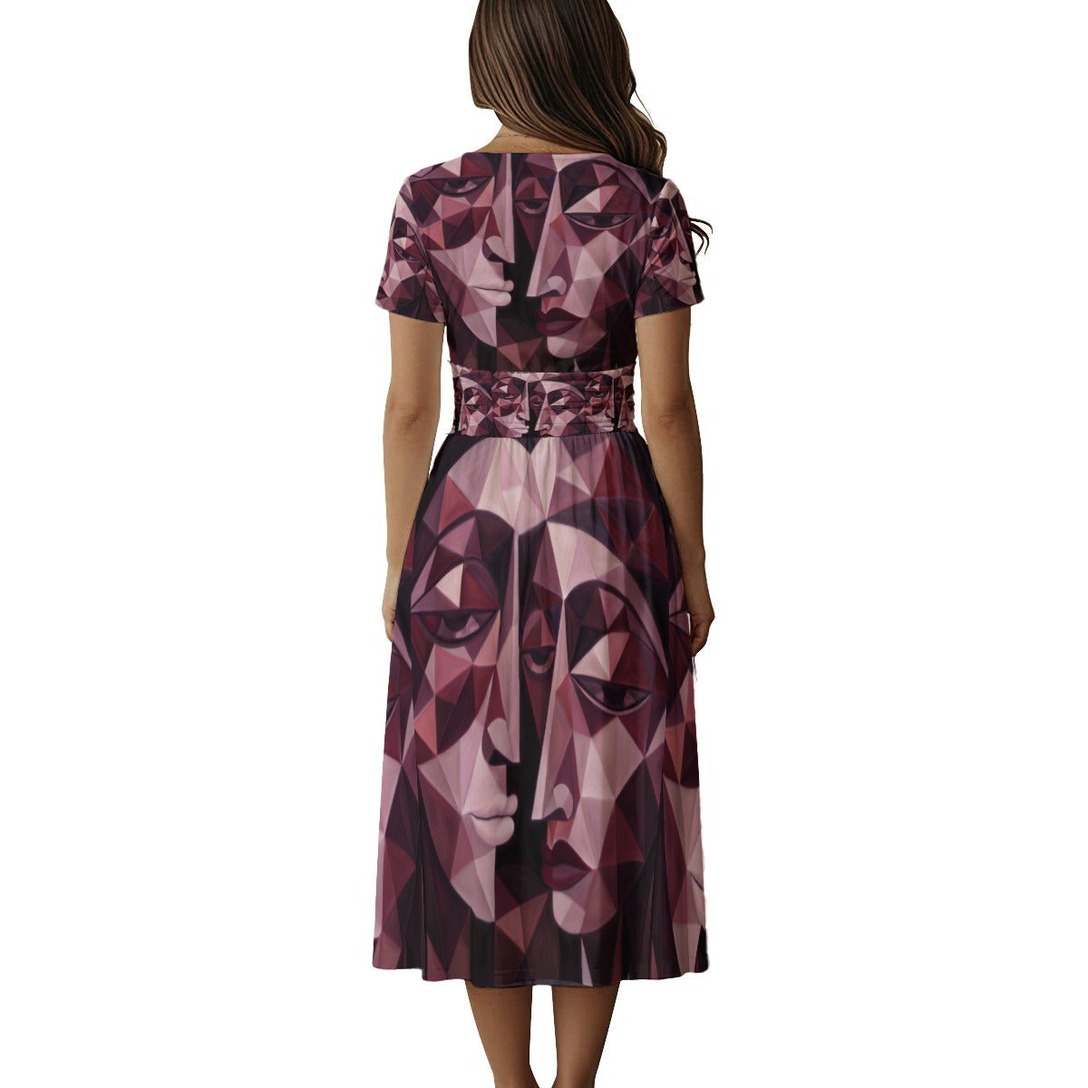 All-over Print Women's Short Sleeve V Neck Midi Dress