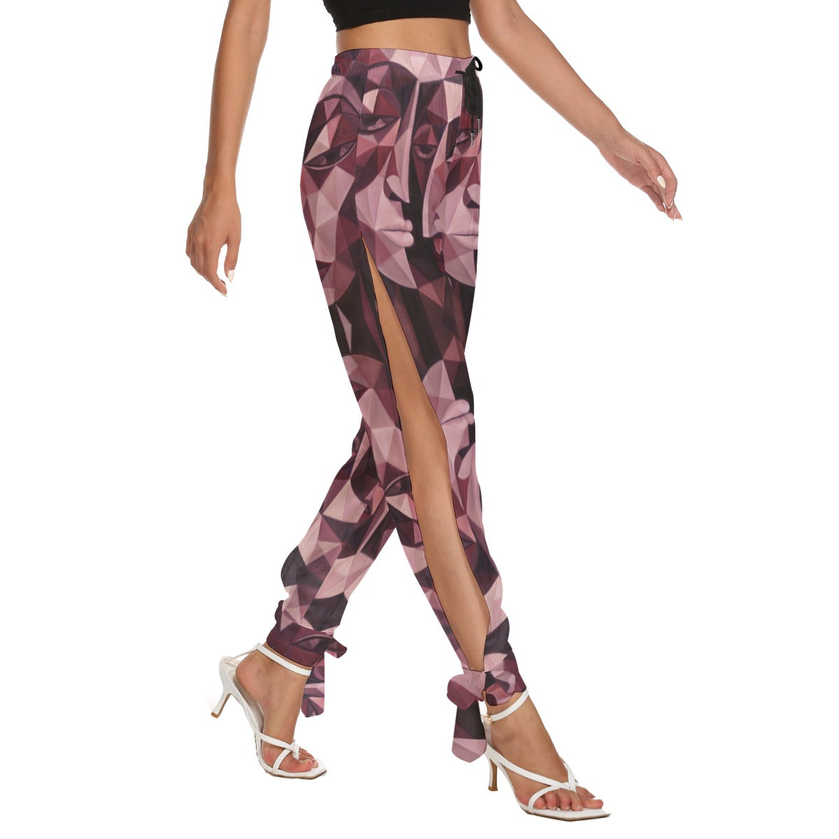 All-Over Print Women's Side Seam Cutout Pants With Bottom Strap