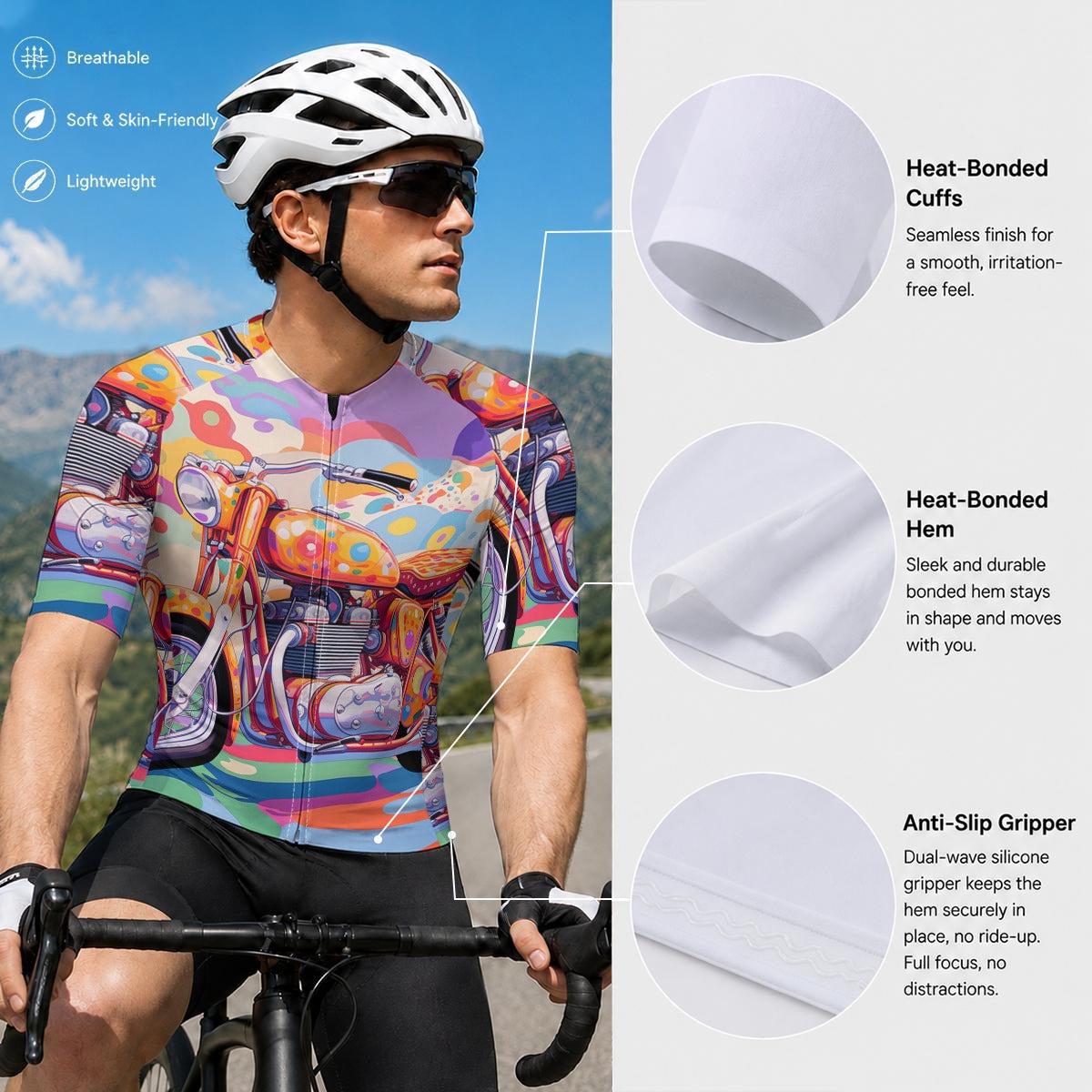 aop Maglia da ciclismo a maniche corte da uomo con cerniera nera|Cucitura termosaldata
