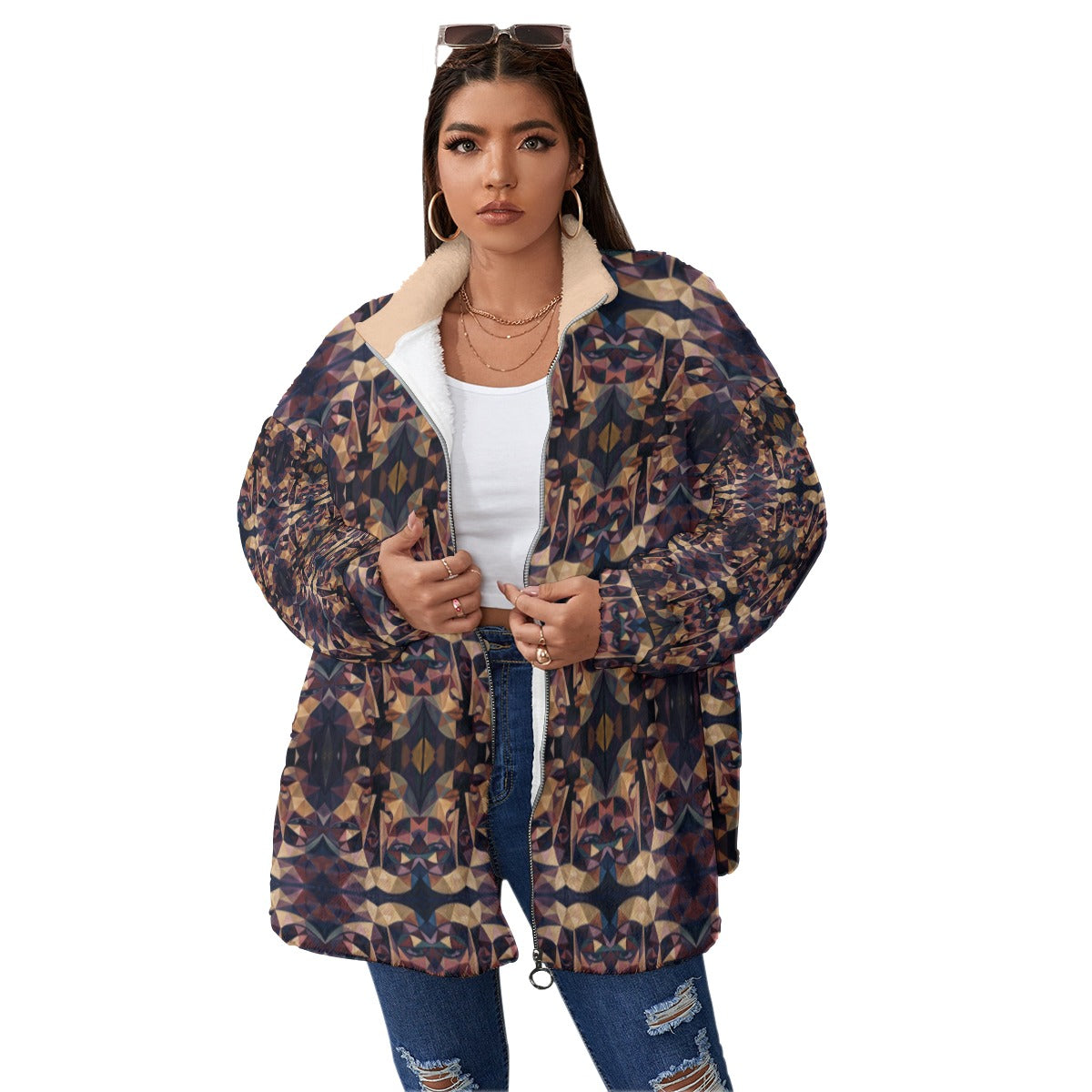 COAT OF MANY COLORS COLLECTION All-Over Print Unisex Borg Fleece Coat With Zipper Closure(Plus Size)