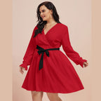 All-Over Print Women's V-neck Dress With Waistband(Plus Size)
