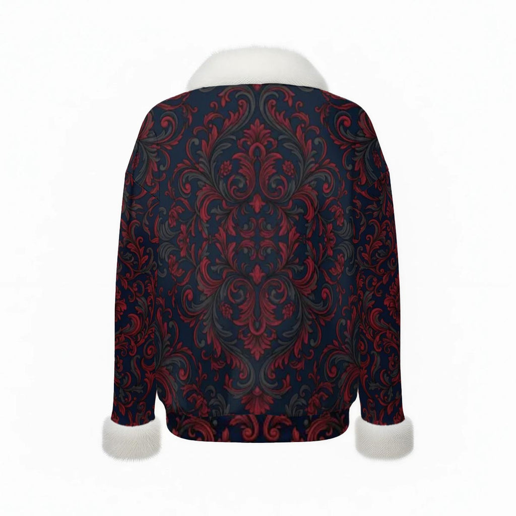 All-Over Print Women's Faux Knit V-Neck Sweater Top with Fur Trim