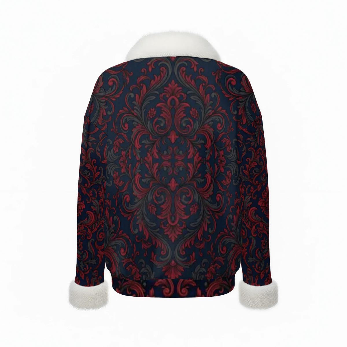 All-Over Print Women's Faux Knit V-Neck Sweater Top with Fur Trim