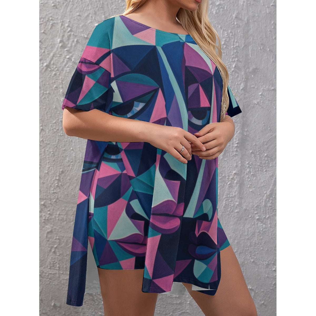 All-Over Print Women's Drop-Shoulder T-Shirt with Side Split and Shorts (Plus Size)