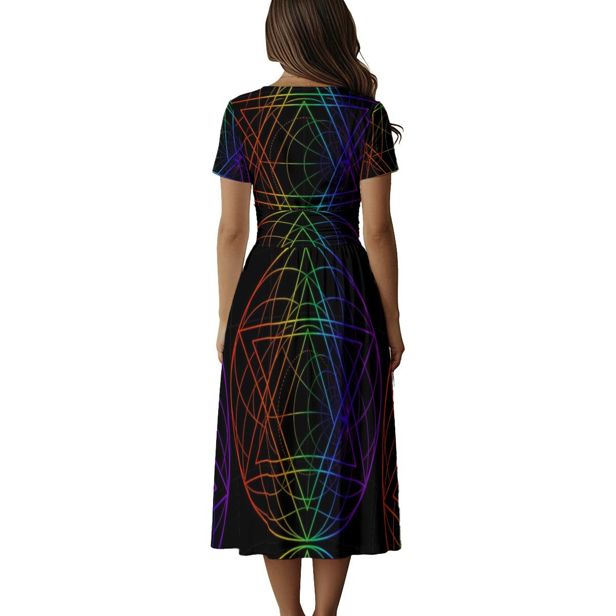 All-over Print Women's Short Sleeve V Neck Midi Dress