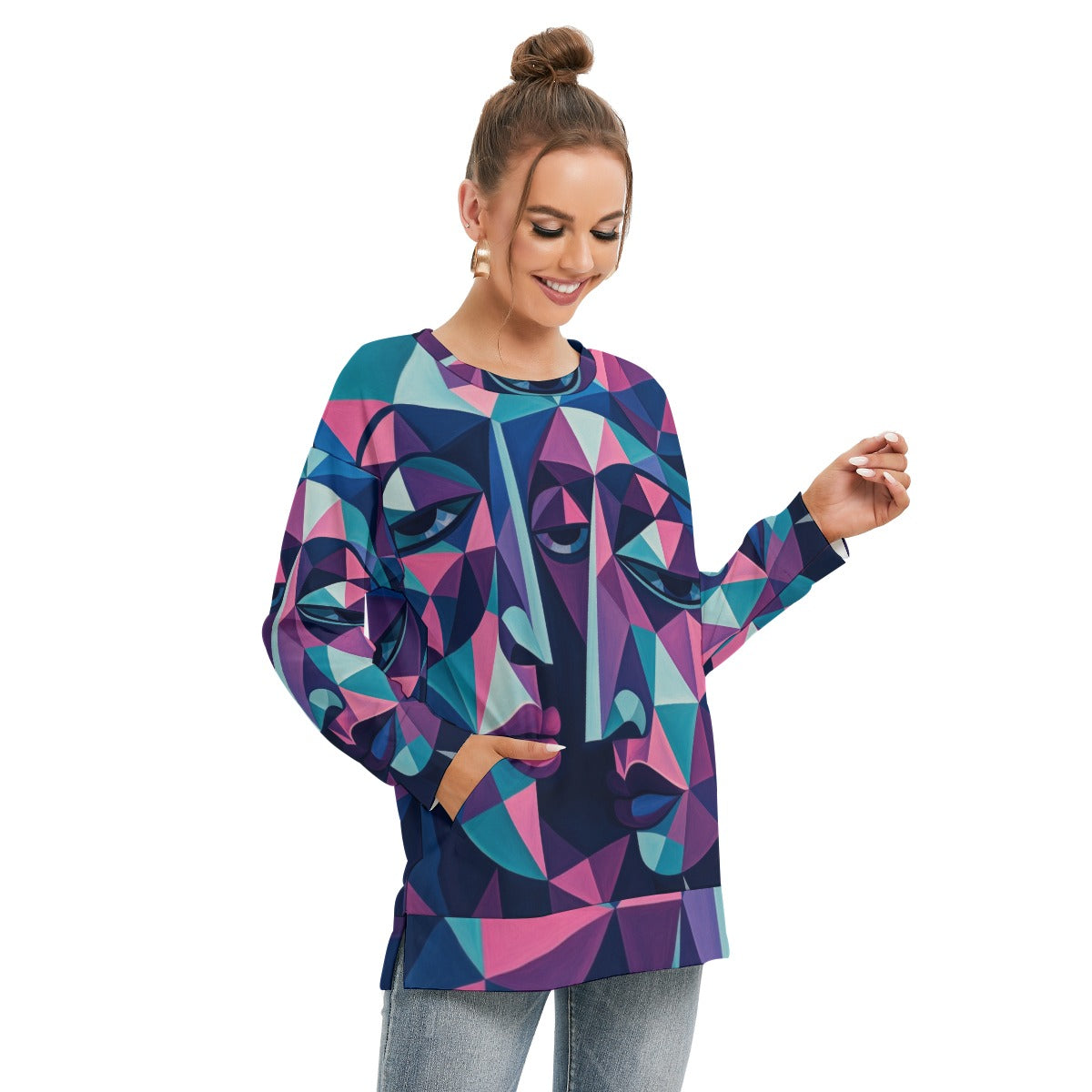 All-Over Print Women's Side Split O-neck Sweatshirt