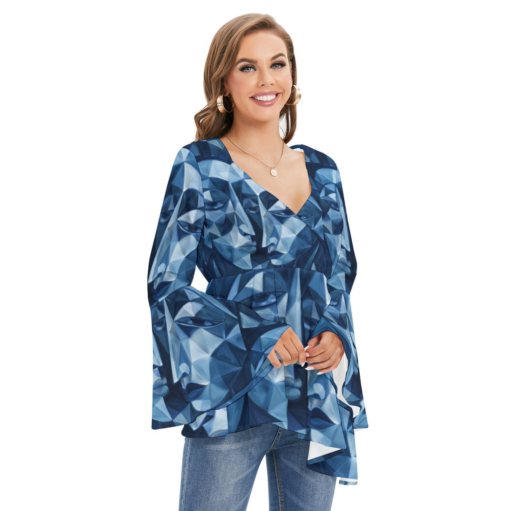 All-Over Print Women's V-neck Blouse With Flared Sleeves