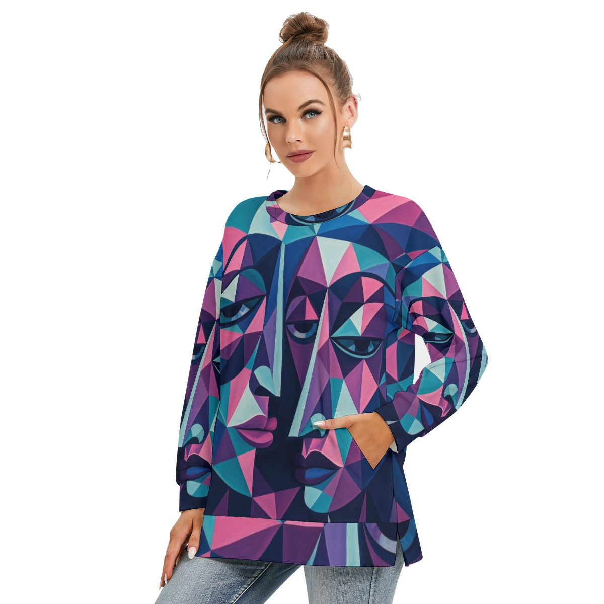 All-Over Print Women's Side Split O-neck Sweatshirt