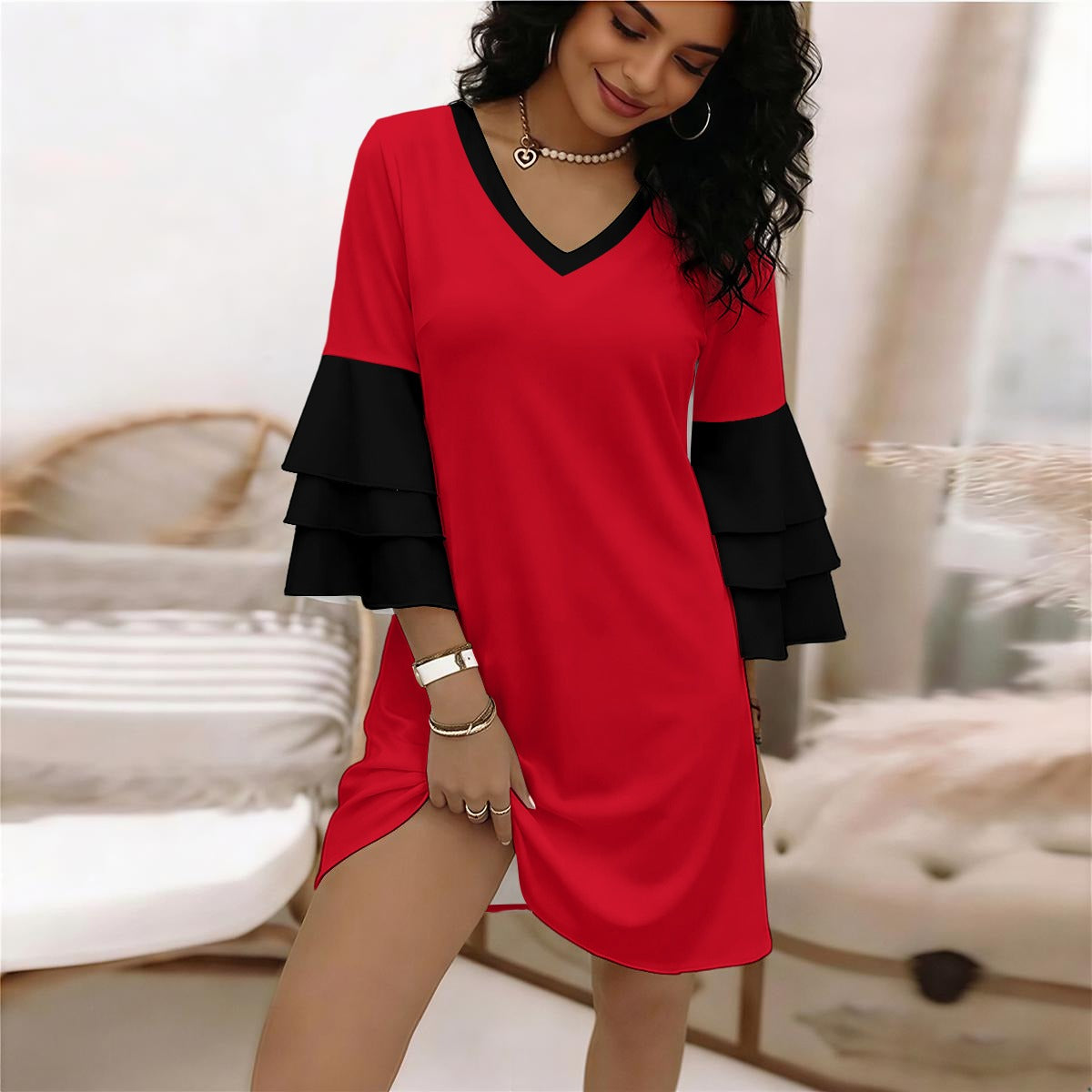 All-Over Print Women's Stacked Ruffle Sleeve Dress