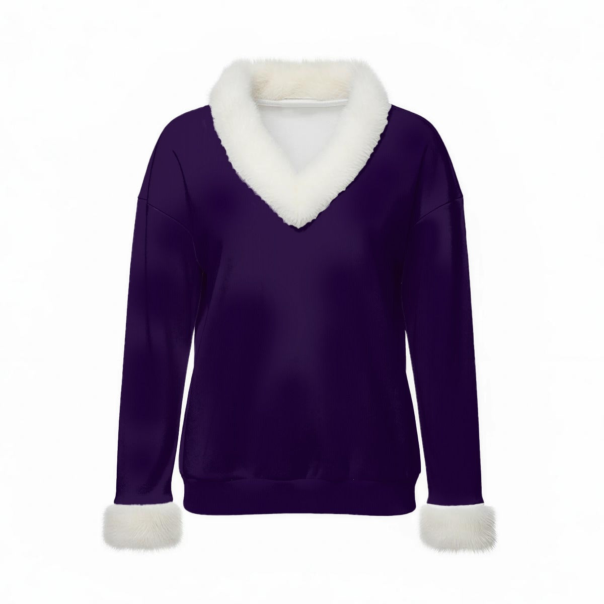 All-Over Print Women's Faux Knit V-Neck Sweater Top with Fur Trim