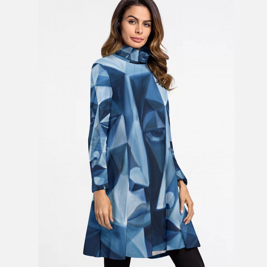 All-Over Print Women's High Neck Dress With Long Sleeve