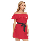 Abito da donna con stampa all-over, spalle scoperte e volant