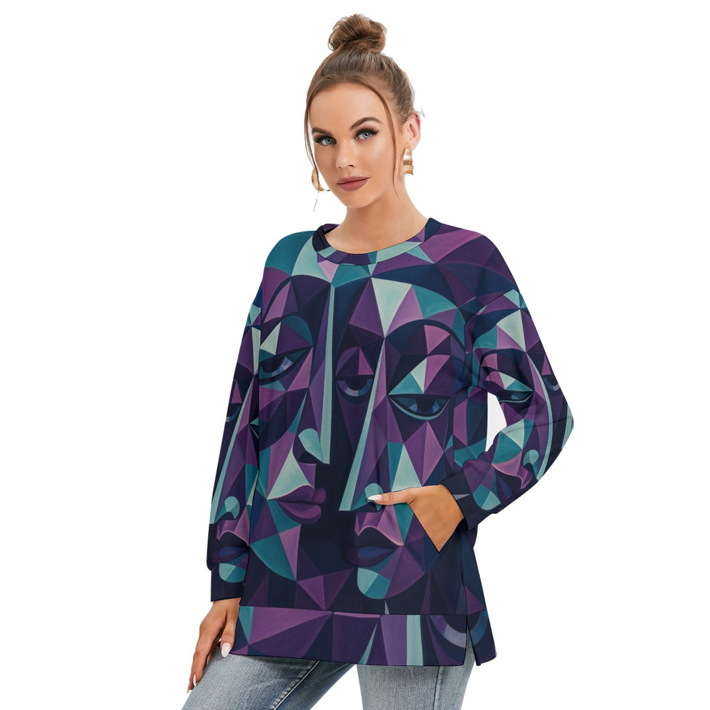 All-Over Print Women's Side Split O-neck Sweatshirt