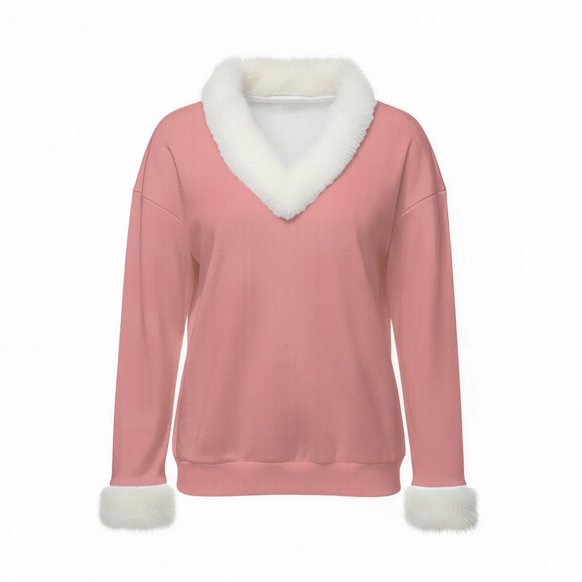 All-Over Print Women's Faux Knit V-Neck Sweater Top with Fur Trim