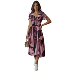 All-over Print Women's Short Sleeve V Neck Midi Dress