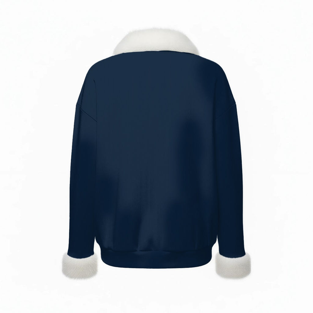 All-Over Print Women's Faux Knit V-Neck Sweater Top with Fur Trim