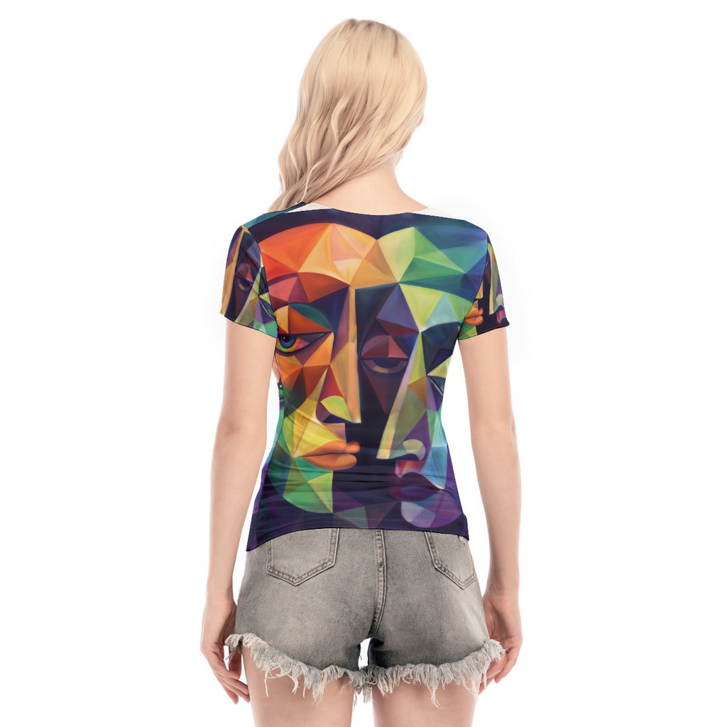 Blusa in mesh da donna a maniche corte con stampa all-over