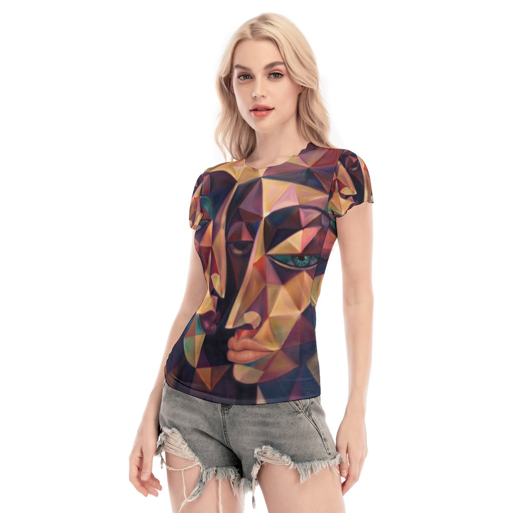 Blusa in mesh da donna a maniche corte con stampa all-over