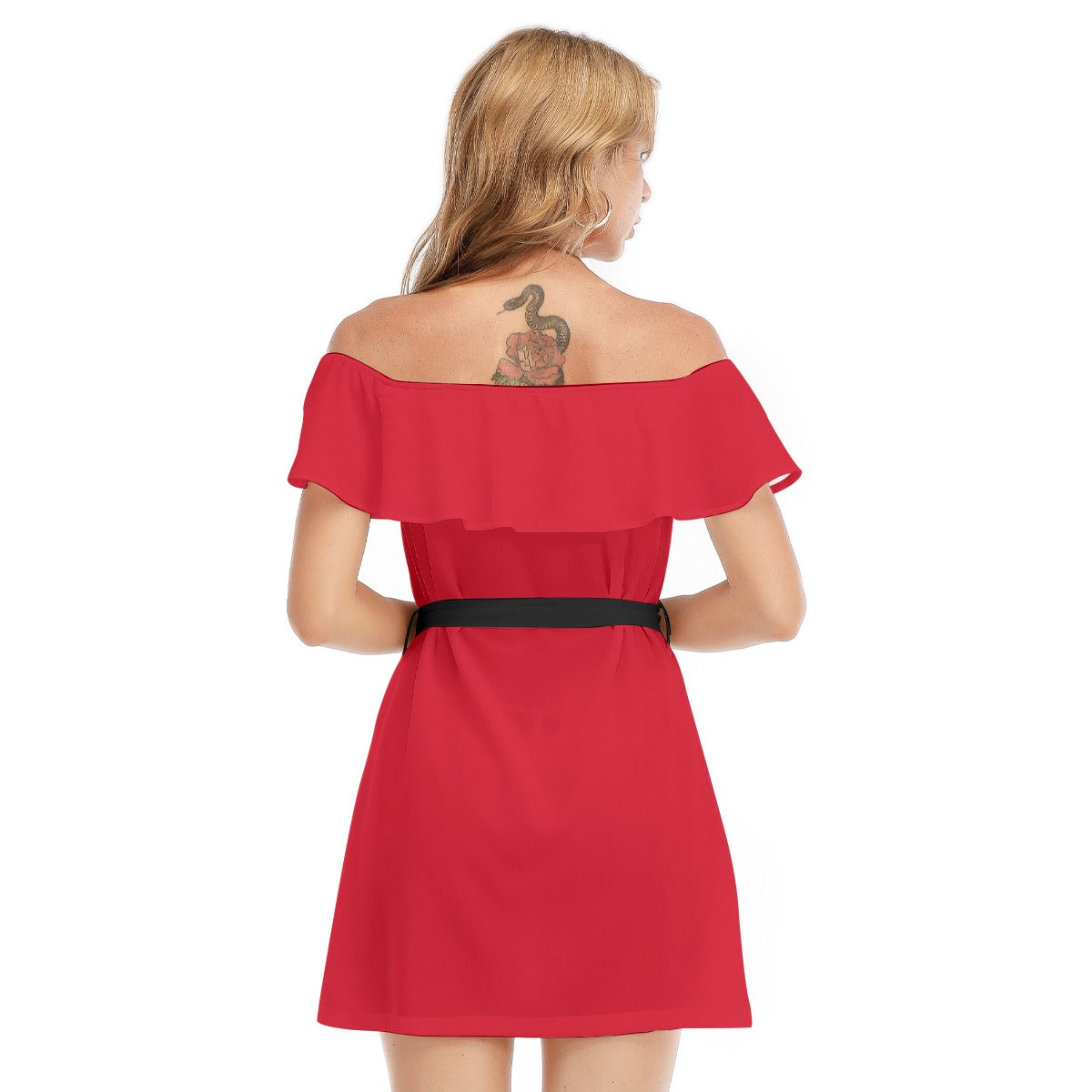 Abito da donna con stampa all-over, spalle scoperte e volant