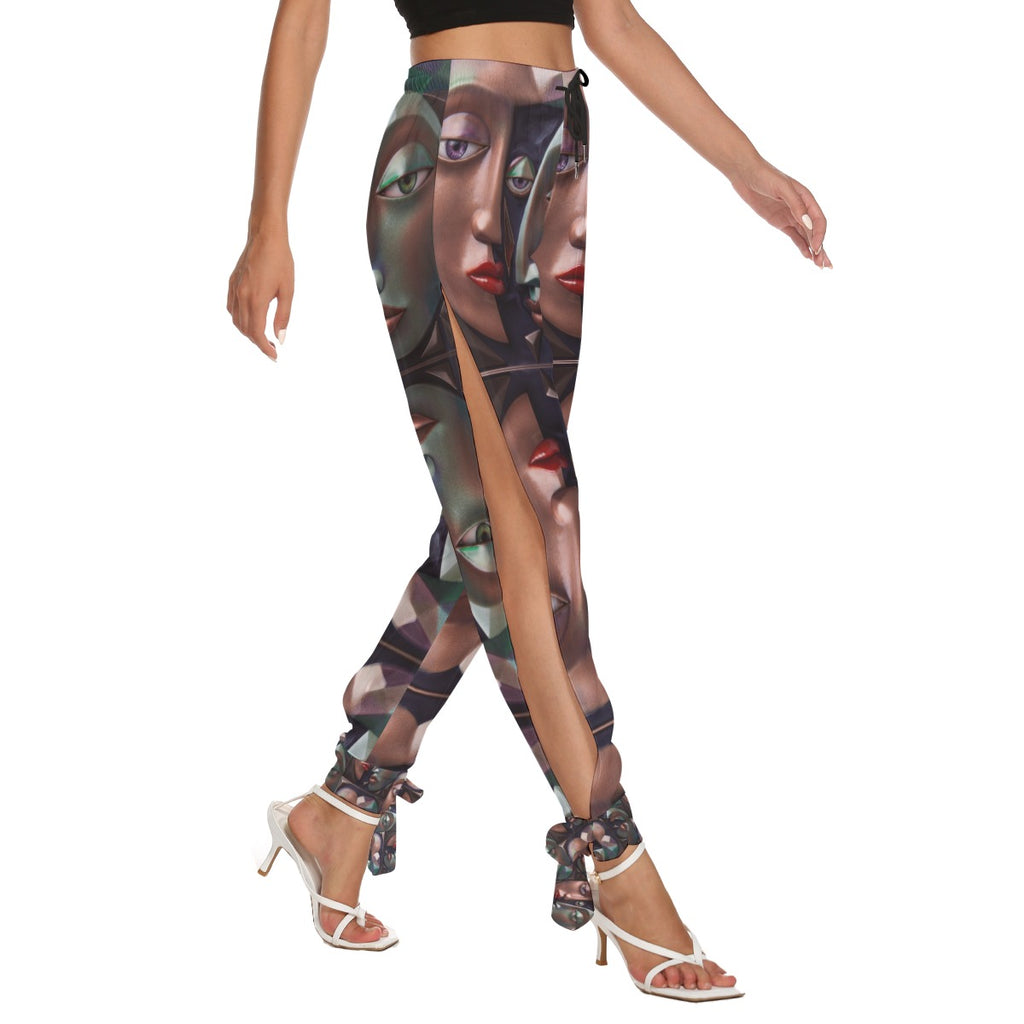 All-Over Print Women's Side Seam Cutout Pants With Bottom Strap