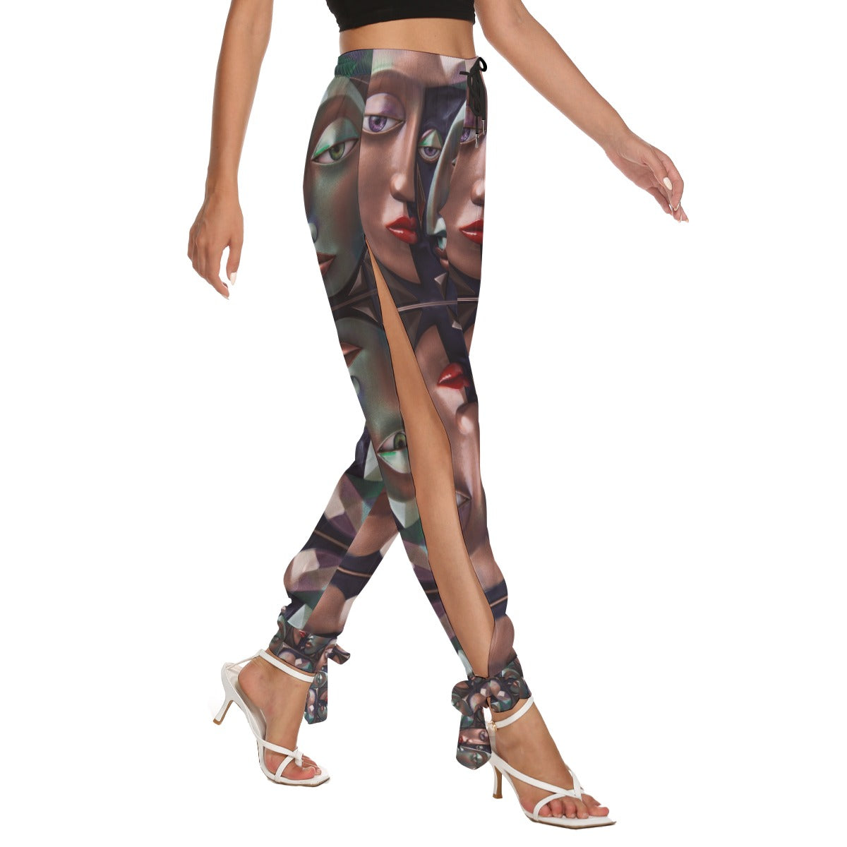 All-Over Print Women's Side Seam Cutout Pants With Bottom Strap