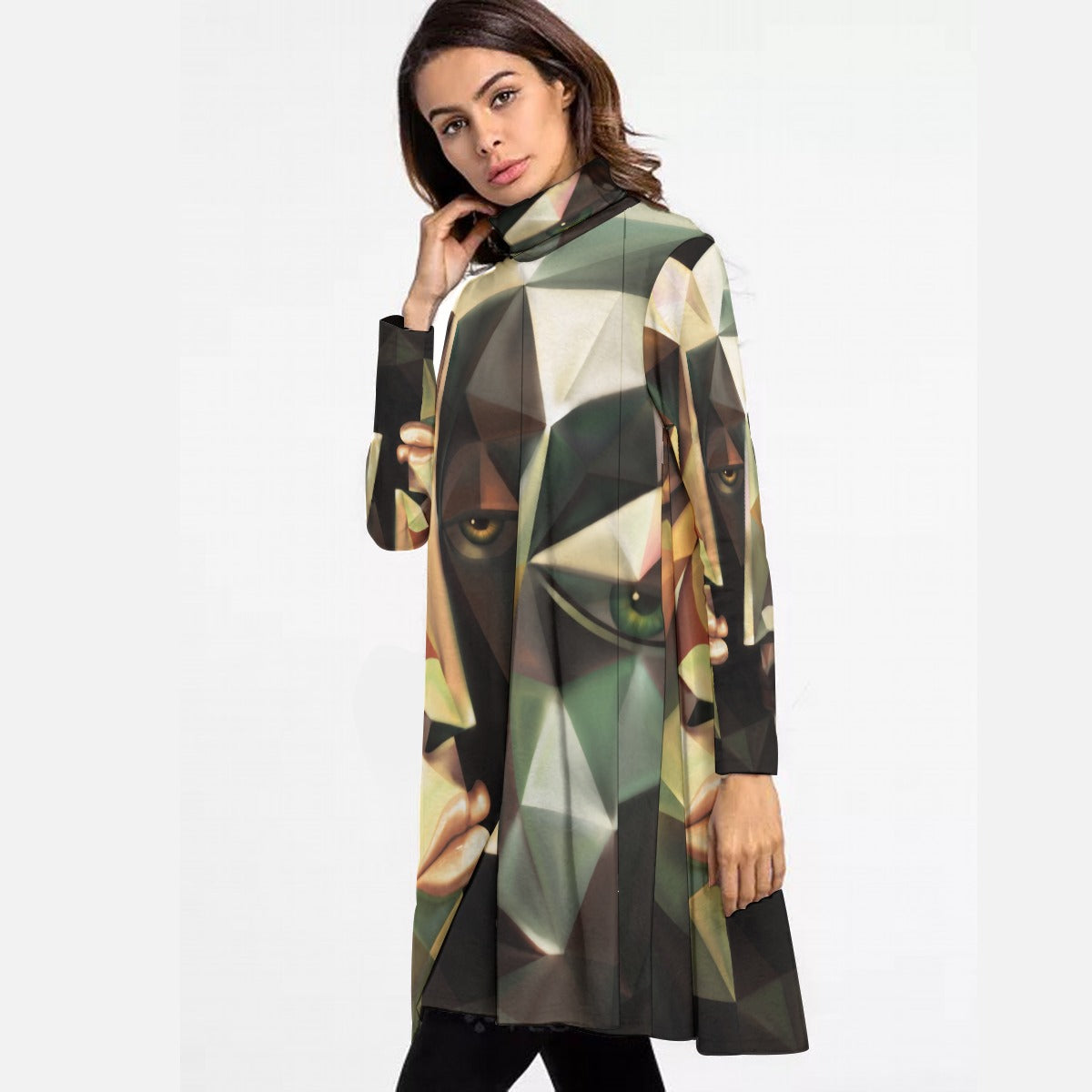 All-Over Print Women's High Neck Dress With Long Sleeve