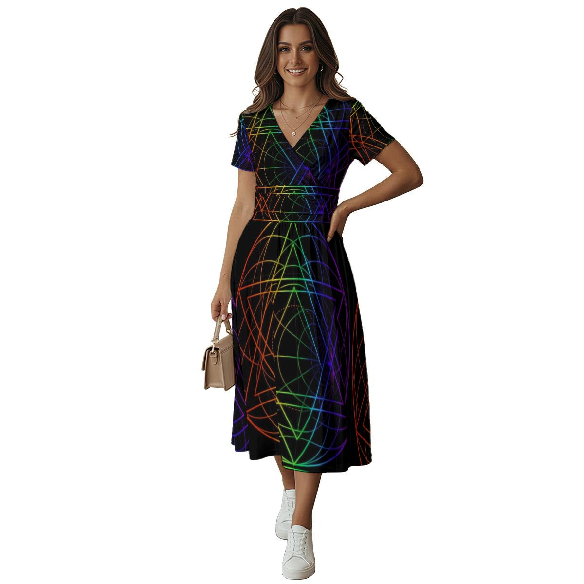 All-over Print Women's Short Sleeve V Neck Midi Dress