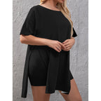 All-Over Print Women's Drop-Shoulder T-Shirt with Side Split and Shorts (Plus Size)