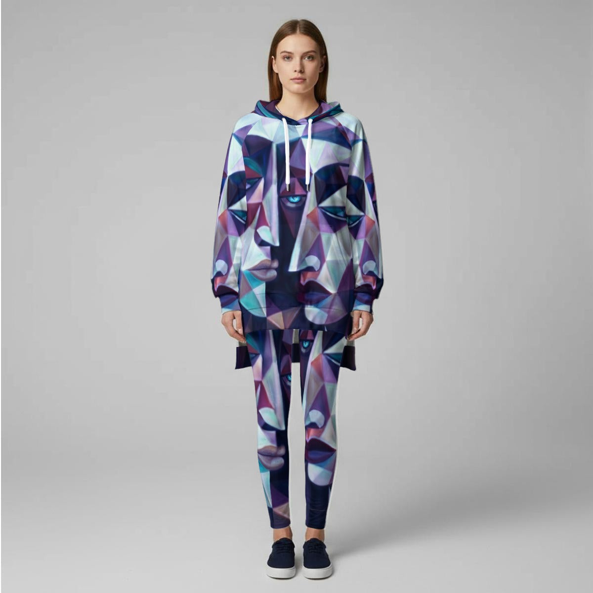 Completo felpa con cappuccio da donna stretch con stampa all-over