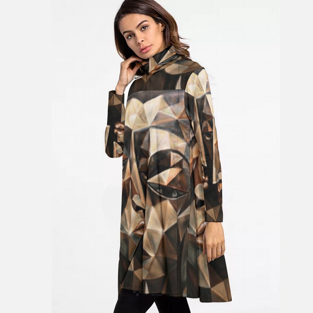 All-Over Print Women's High Neck Dress With Long Sleeve