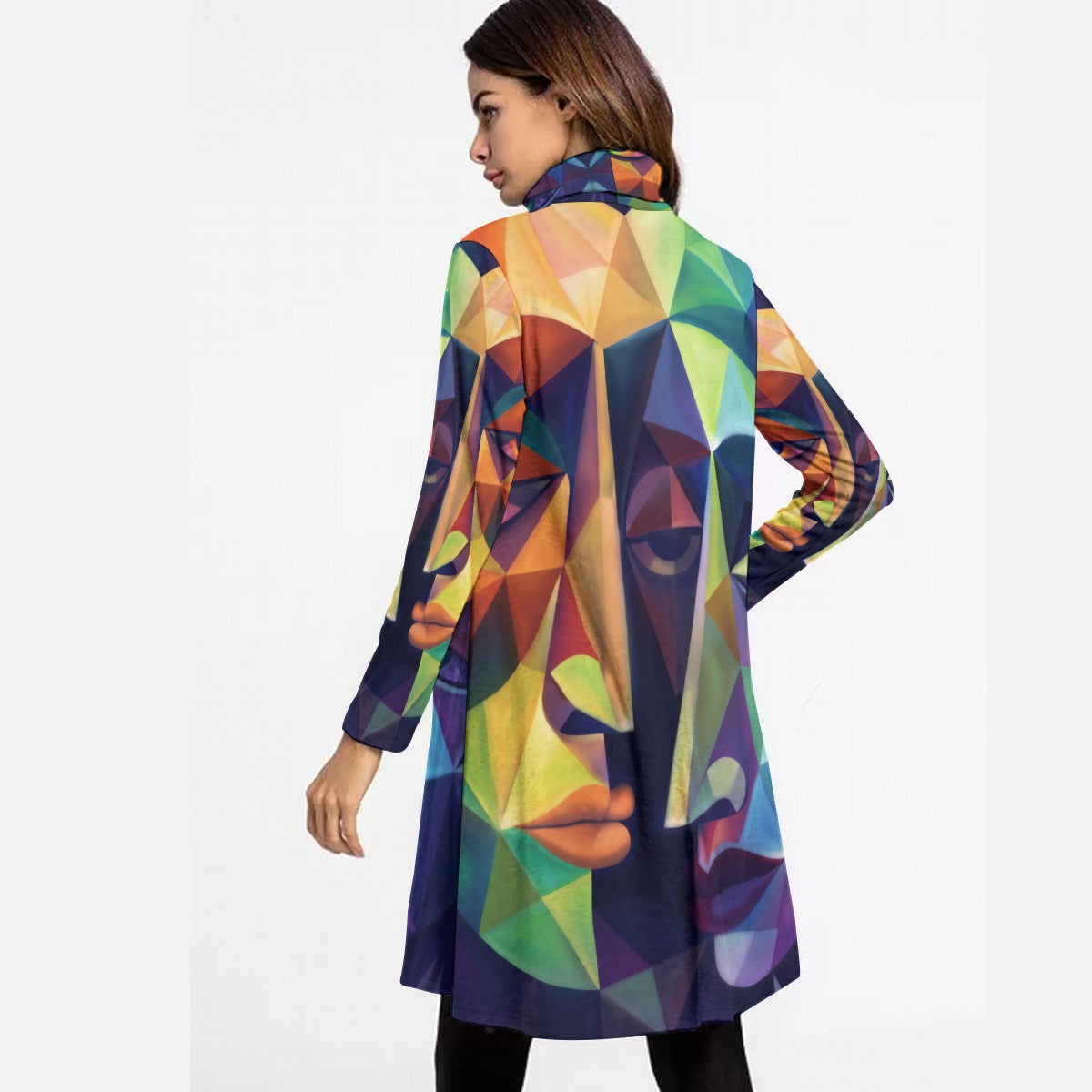 All-Over Print Women's High Neck Dress With Long Sleeve