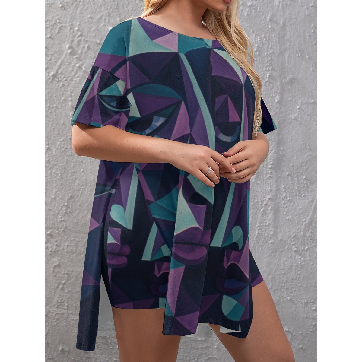 All-Over Print Women's Drop-Shoulder T-Shirt with Side Split and Shorts (Plus Size)