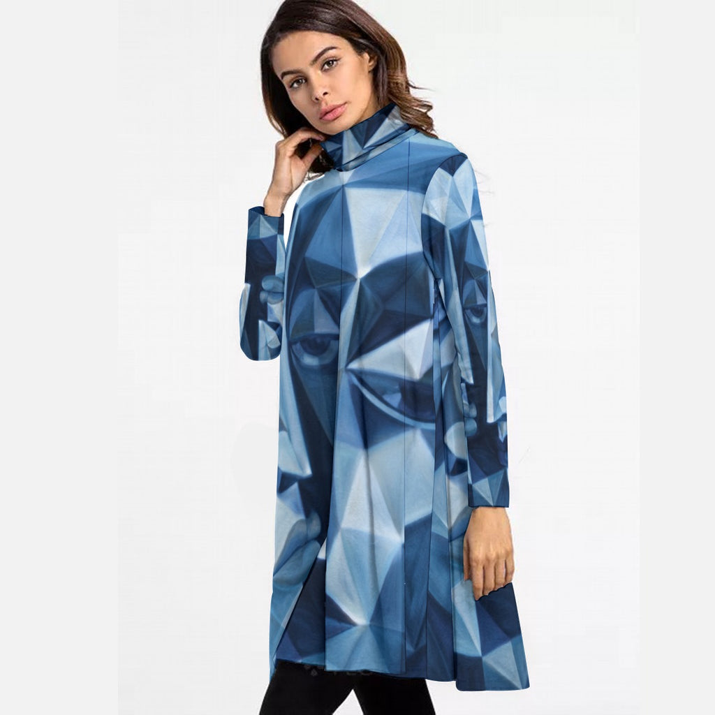 All-Over Print Women's High Neck Dress With Long Sleeve