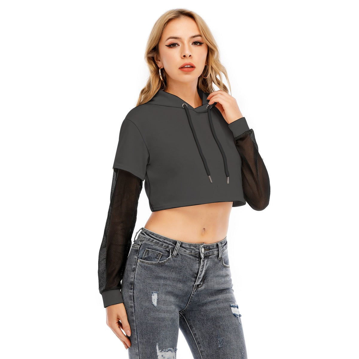 All-Over Print Women's Fake Two-piece Mesh Sleeve Cropped Hoodie