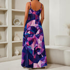 Elegante abito lungo da donna con stampa all-over e scollo a V
