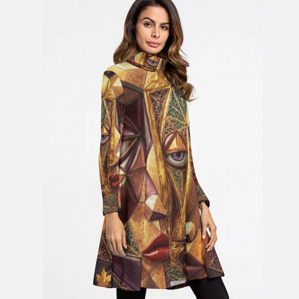 All-Over Print Women's High Neck Dress With Long Sleeve