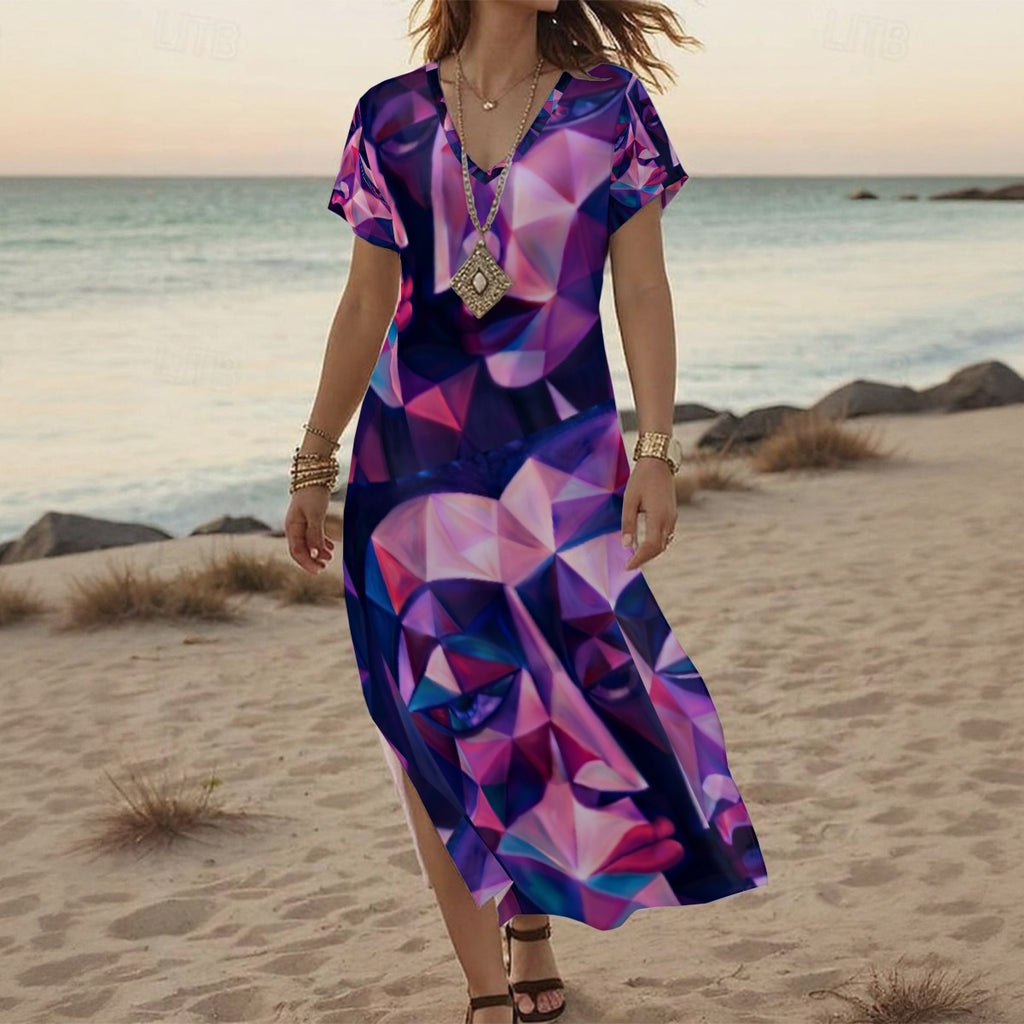 Abito da donna con scollo a V e spacco laterale con stampa all-over