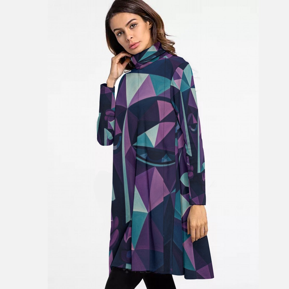 Abito da donna a collo alto con maniche lunghe e stampa all-over