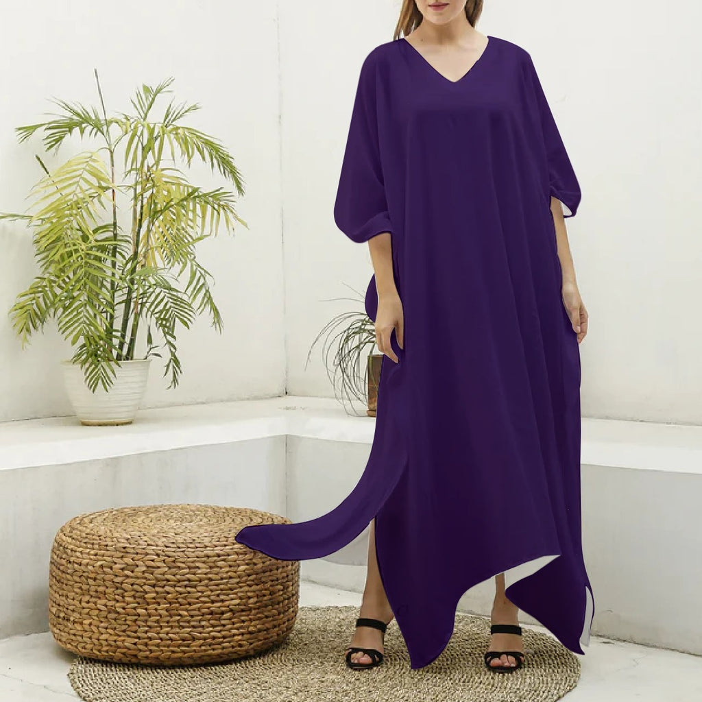 Vestaglia caftano da donna in seta sintetica con scollo a V e stampa all-over