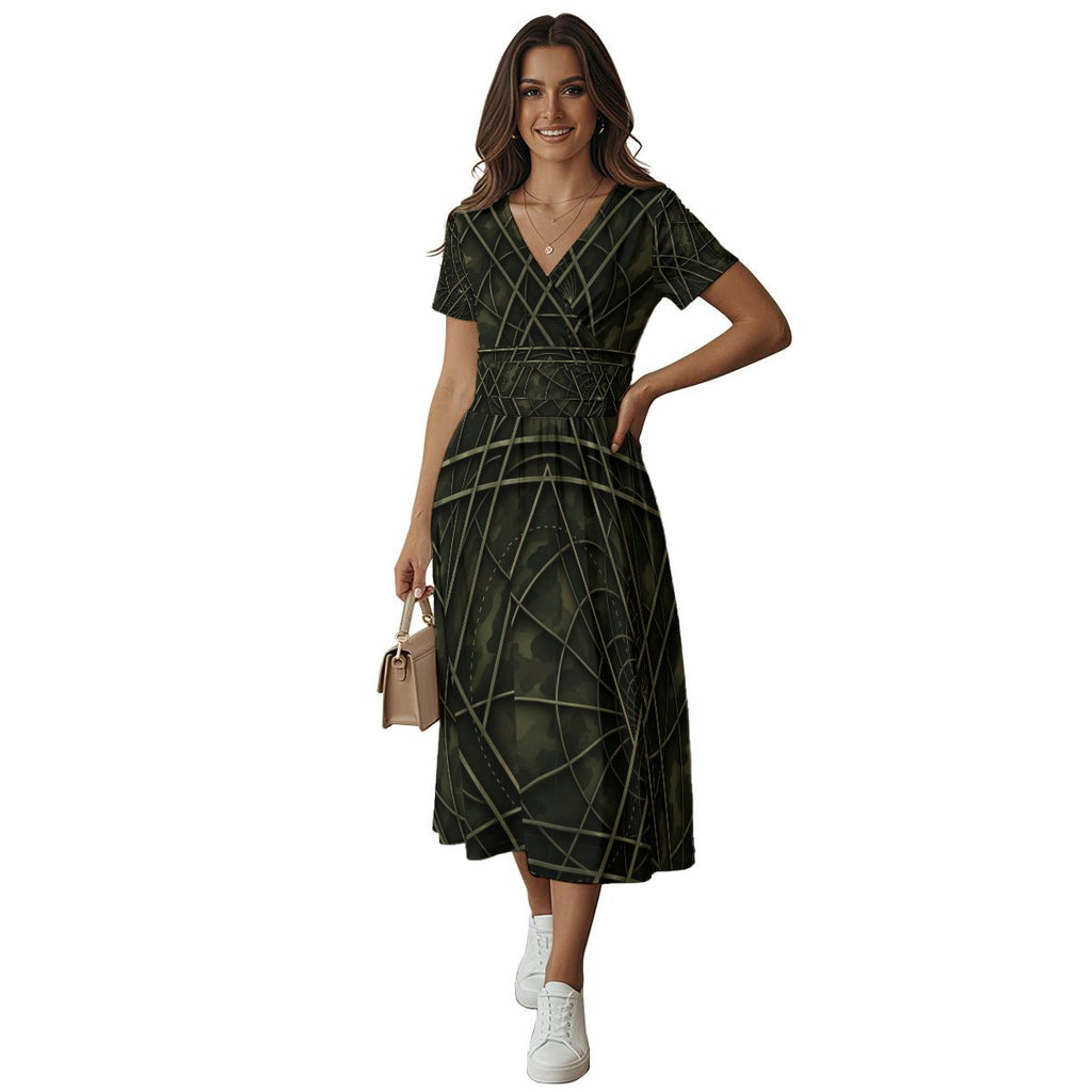 All-over Print Women's Short Sleeve V Neck Midi Dress